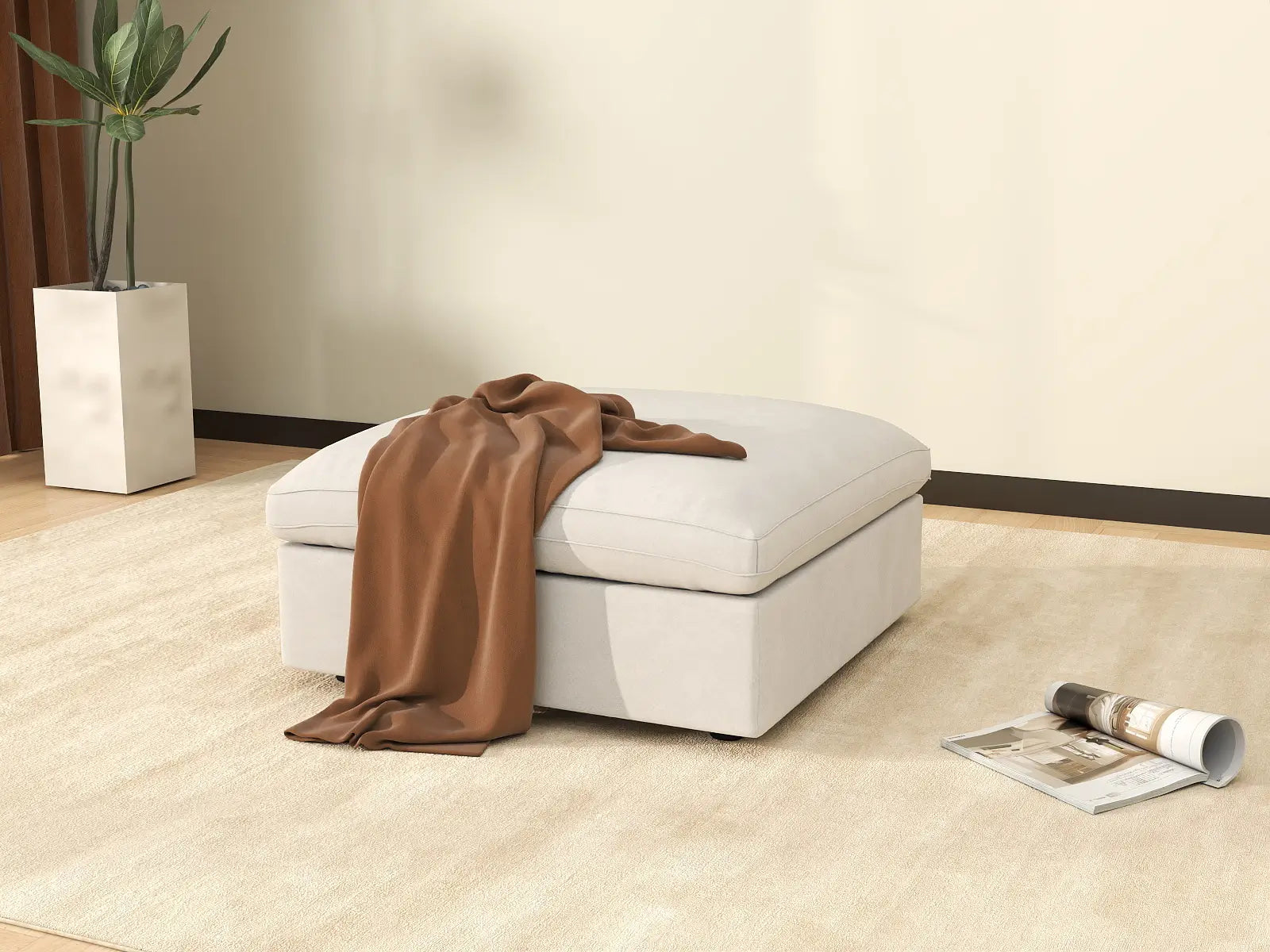 WJS Home 1 Piece White Linen Ottomans_1