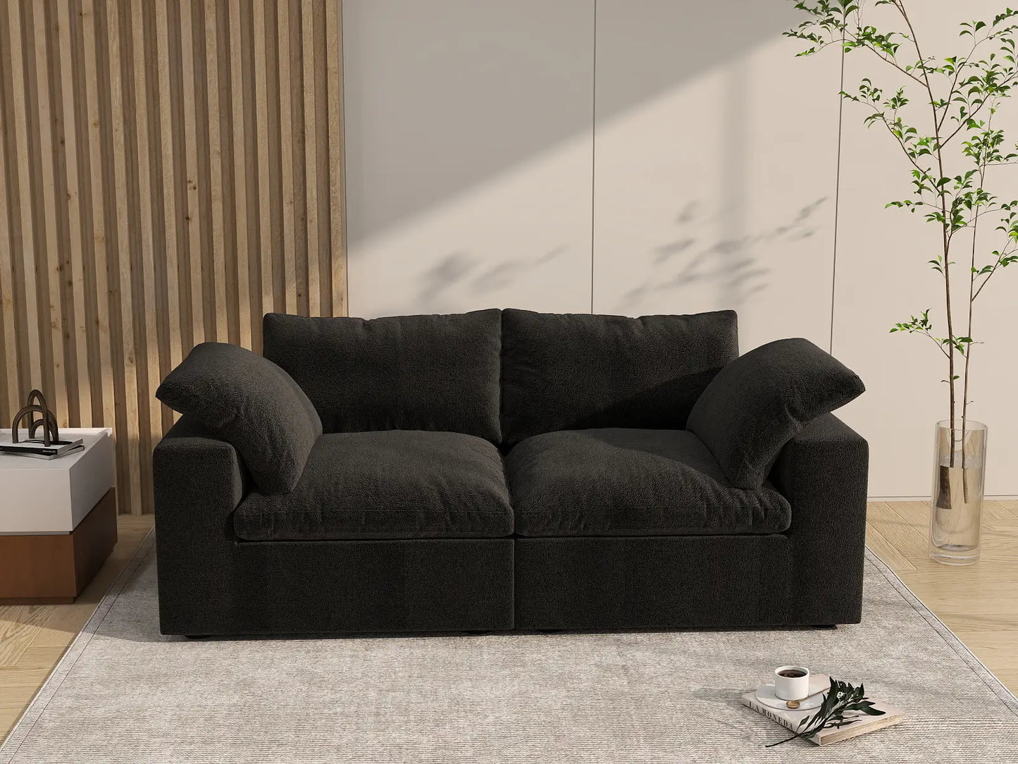 WJS Home 2 Piece Cotton and Linen Black Loveseats 80 Storage Ottoman 2 Seater_6