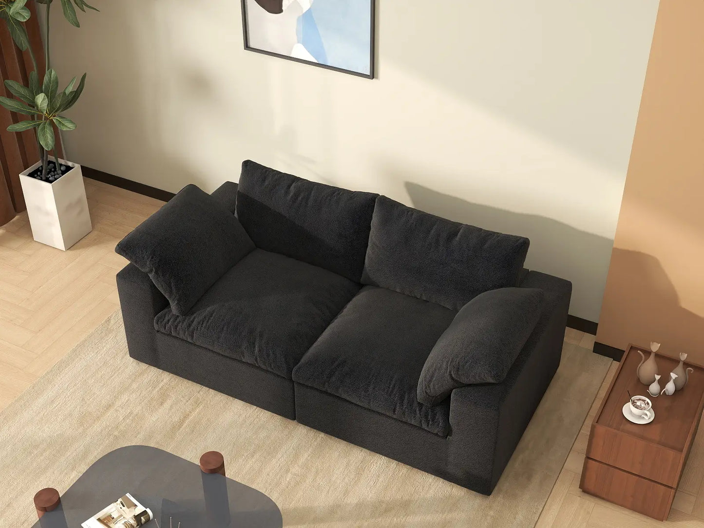 WJS Home 2 Piece Cotton and Linen Black Loveseats 80 Storage Ottoman 2 Seater_8