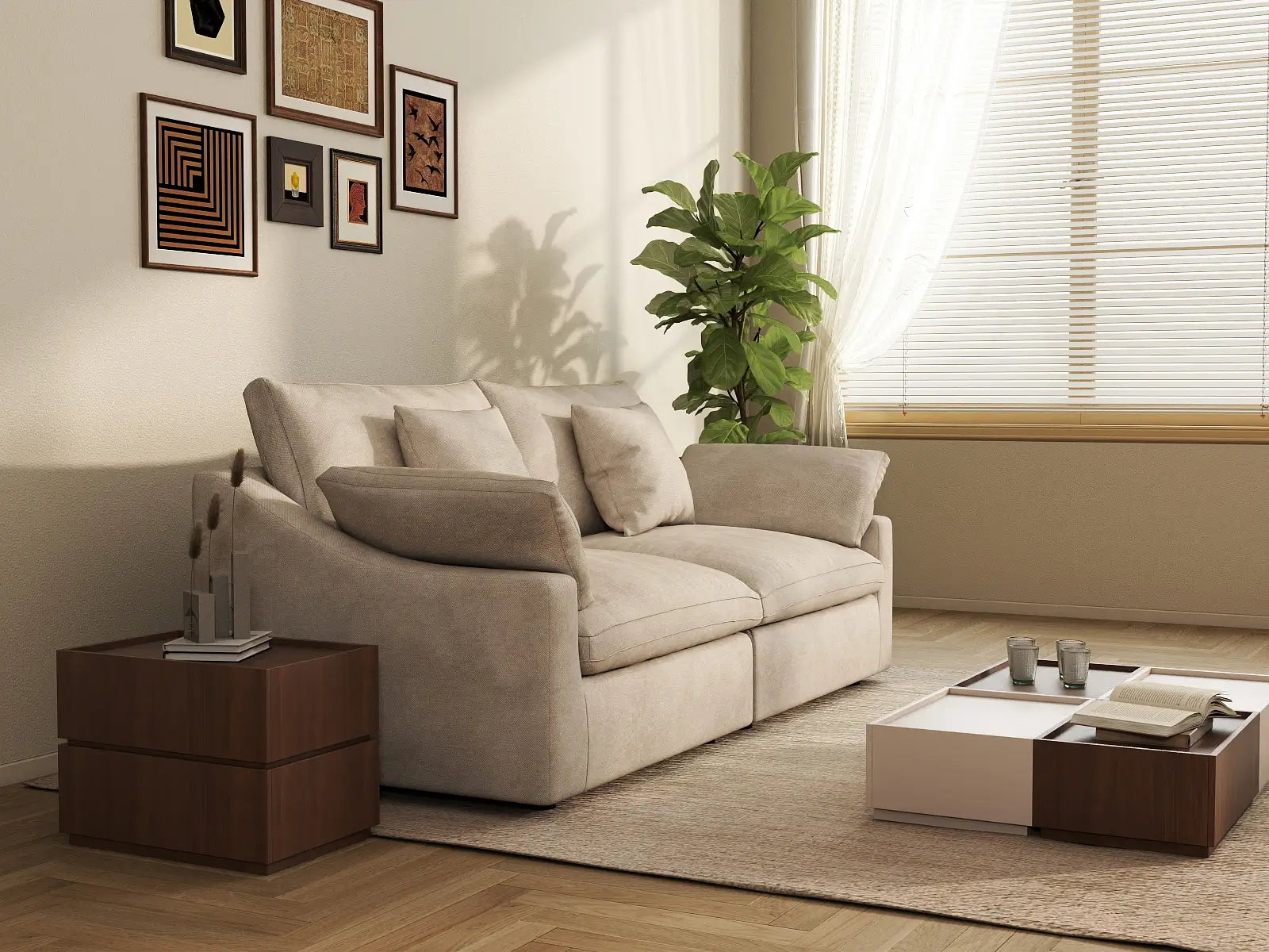 WJS Home 2 Piece Linen Khaki Loveseats 2 Seater_1