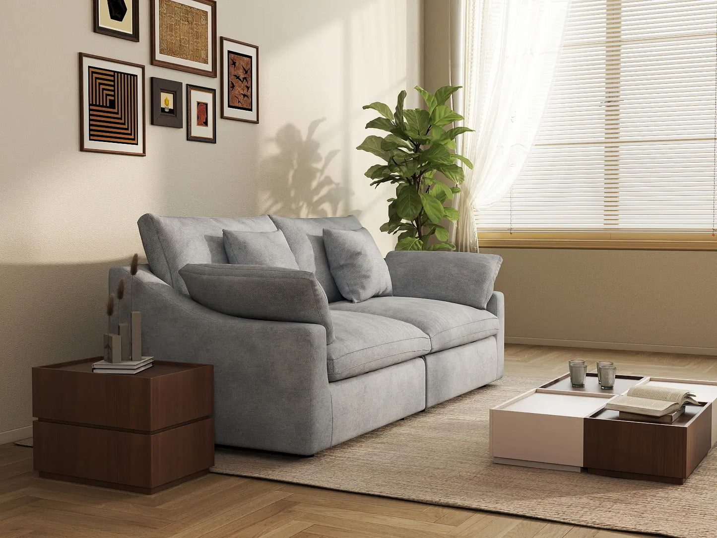 WJS Home 2 Piece Linen Light Grey Loveseats 80 Modular Design 2 Seater_8