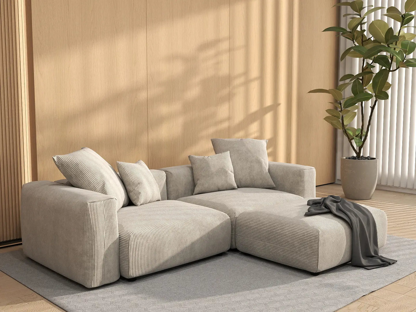 WJS Home 3 Piece Beige Corduroy Chaise Sectionals 2 Seater_1