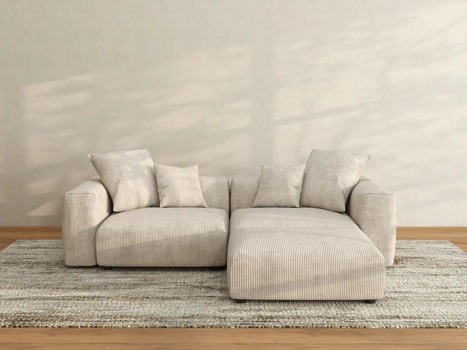 WJS Home 3 Piece Beige Corduroy Chaise Sectionals 2 Seater_2