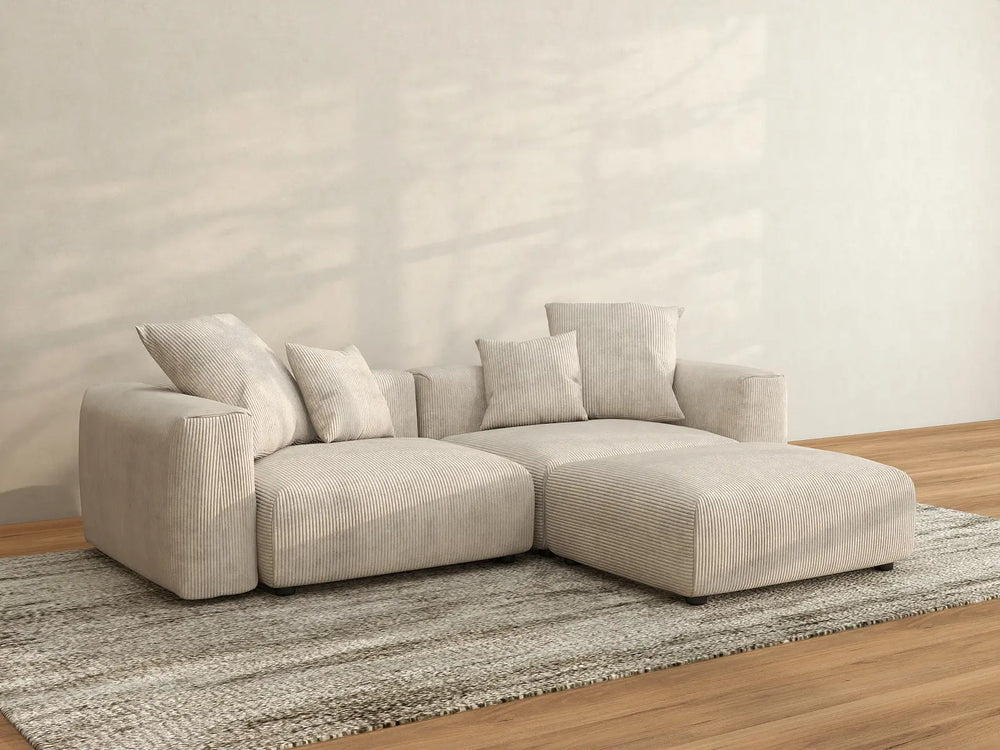 WJS Home 3 Piece Beige Corduroy Chaise Sectionals 2 Seater_3