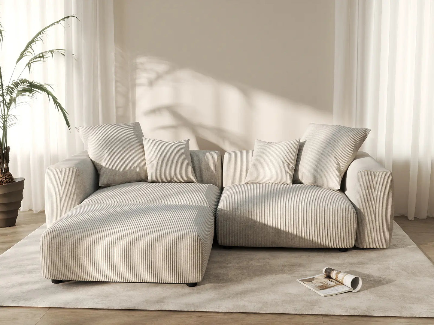 WJS Home 3 Piece Beige Corduroy Chaise Sectionals 2 Seater_6