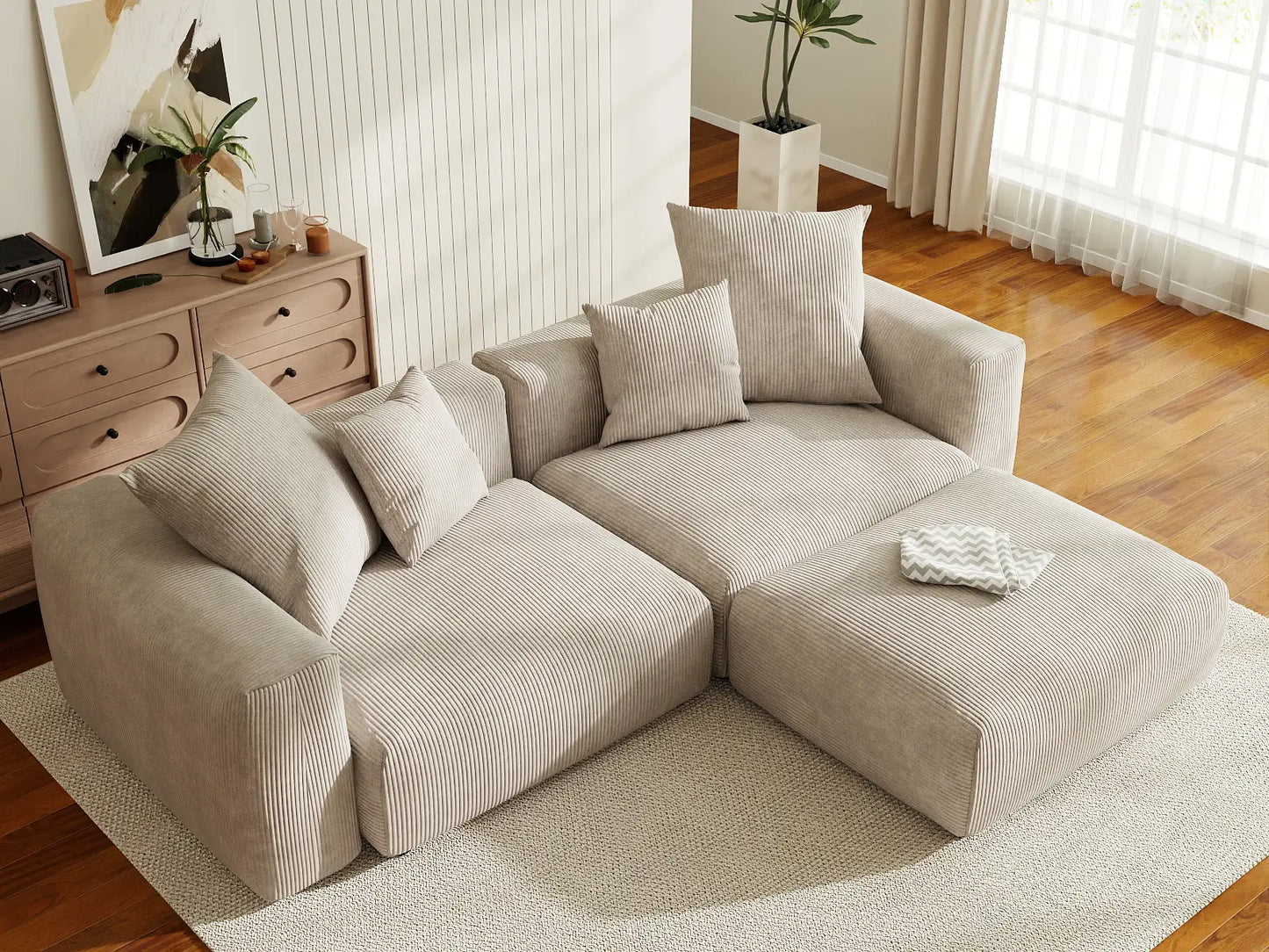 WJS Home 3 Piece Beige Corduroy Chaise Sectionals 2 Seater_8