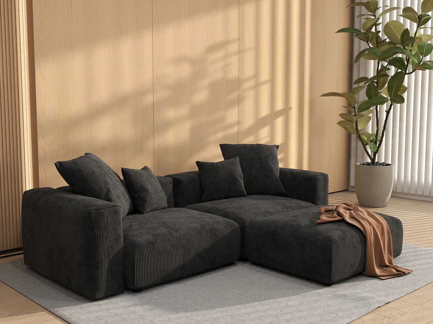 WJS Home 3 Piece Black Corduroy Chaise Sectionals 2 Seater_1