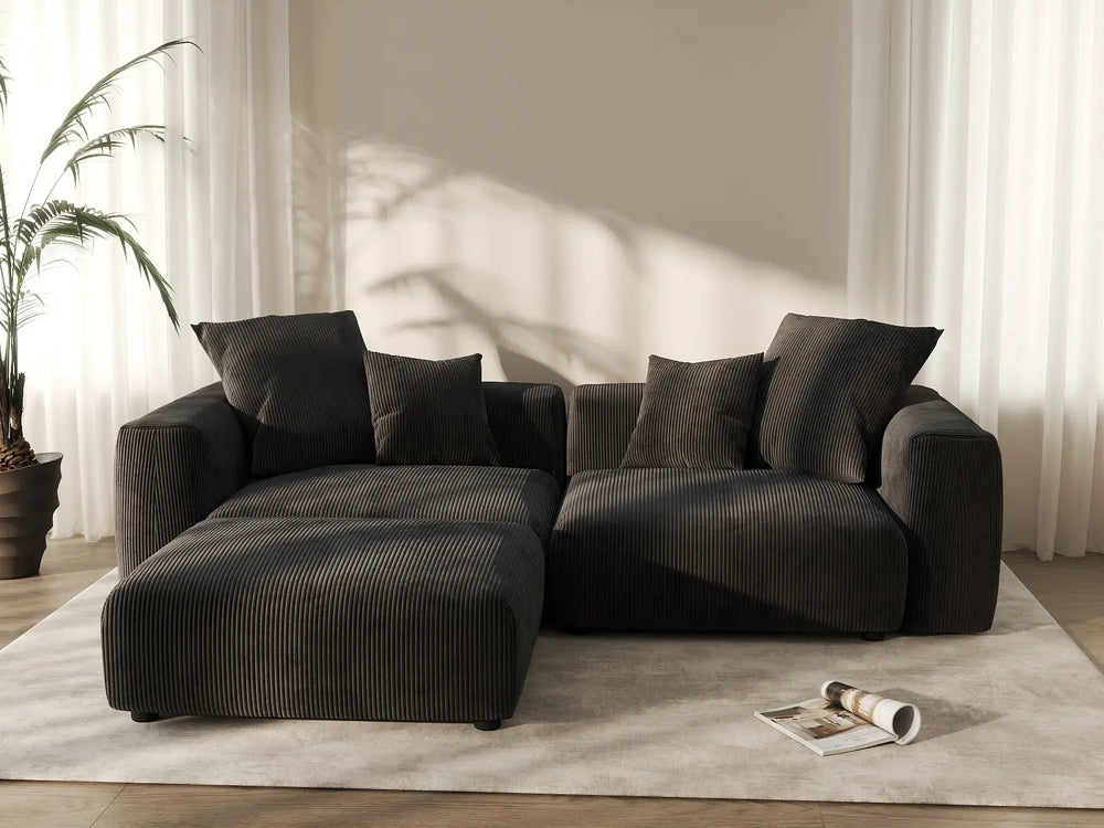 WJS Home 3 Piece Black Corduroy Chaise Sectionals 2 Seater_6