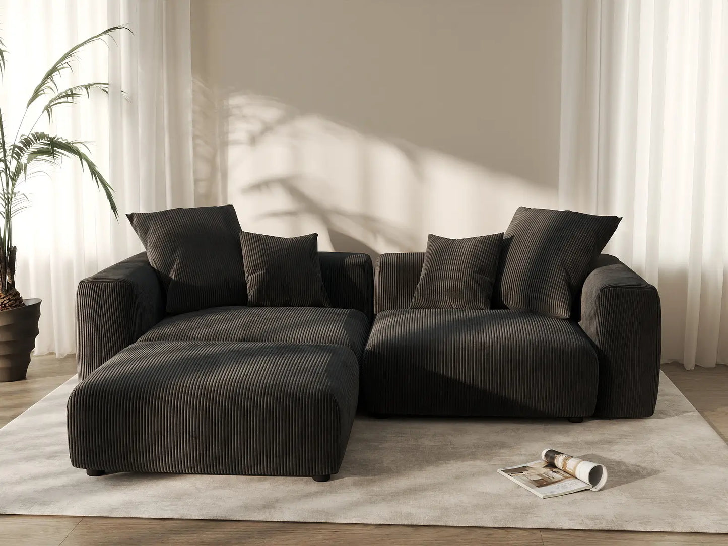 WJS Home 3 Piece Black Corduroy Chaise Sectionals 2 Seater_6