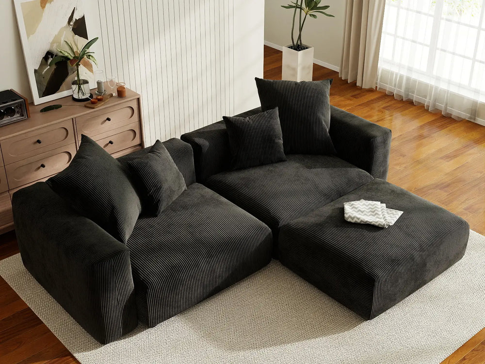 WJS Home 3 Piece Black Corduroy Chaise Sectionals 2 Seater_8