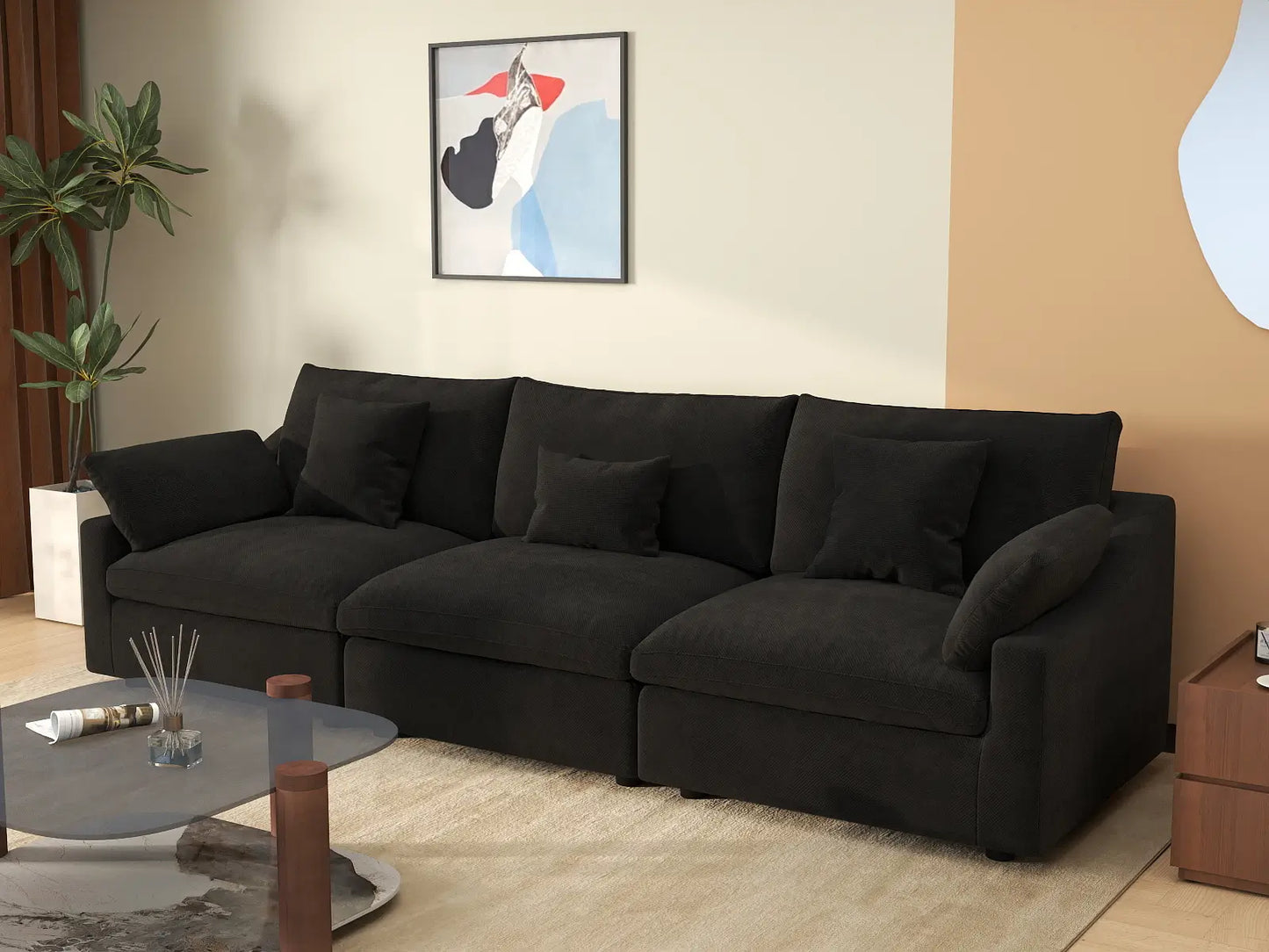 WJS Home 3 Piece Black Linen Couch Sectionals 3 Seater_1