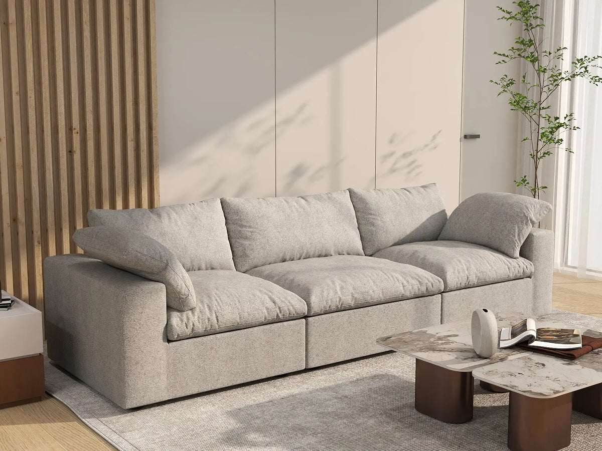 WJS Home 3 Piece Cotton and Linen Light Grey Couch Sectionals 120 Flexible Armrest Pillows 3 Seater_1