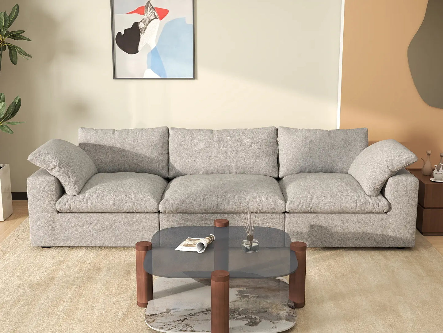 WJS Home 3 Piece Cotton and Linen Light Grey Couch Sectionals 120 Flexible Armrest Pillows 3 Seater_6