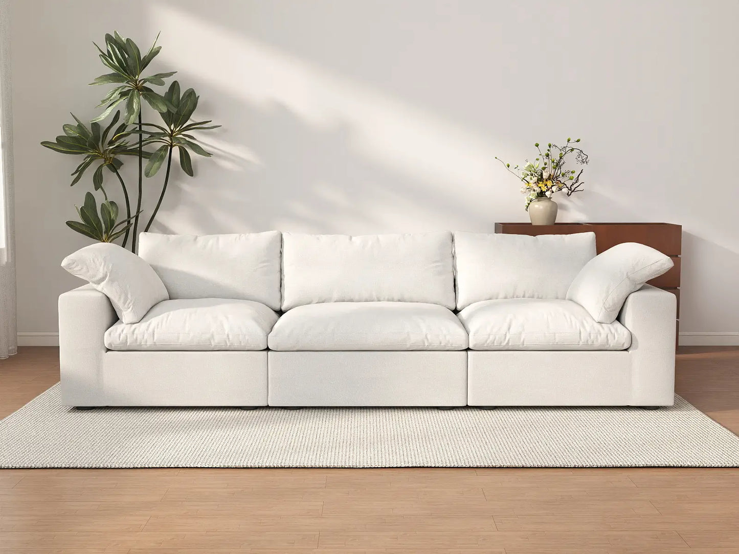 WJS Home 3 Piece Cotton and Linen White Couch Sectionals 120 Storage Ottoman 3 Seater_2
