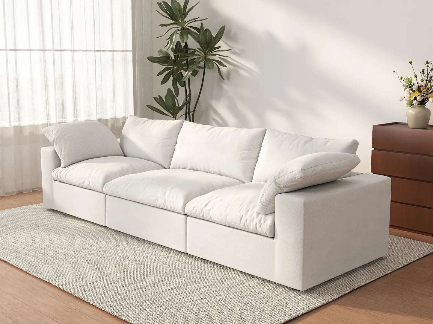WJS Home 3 Piece Cotton and Linen White Couch Sectionals 120 Storage Ottoman 3 Seater_3