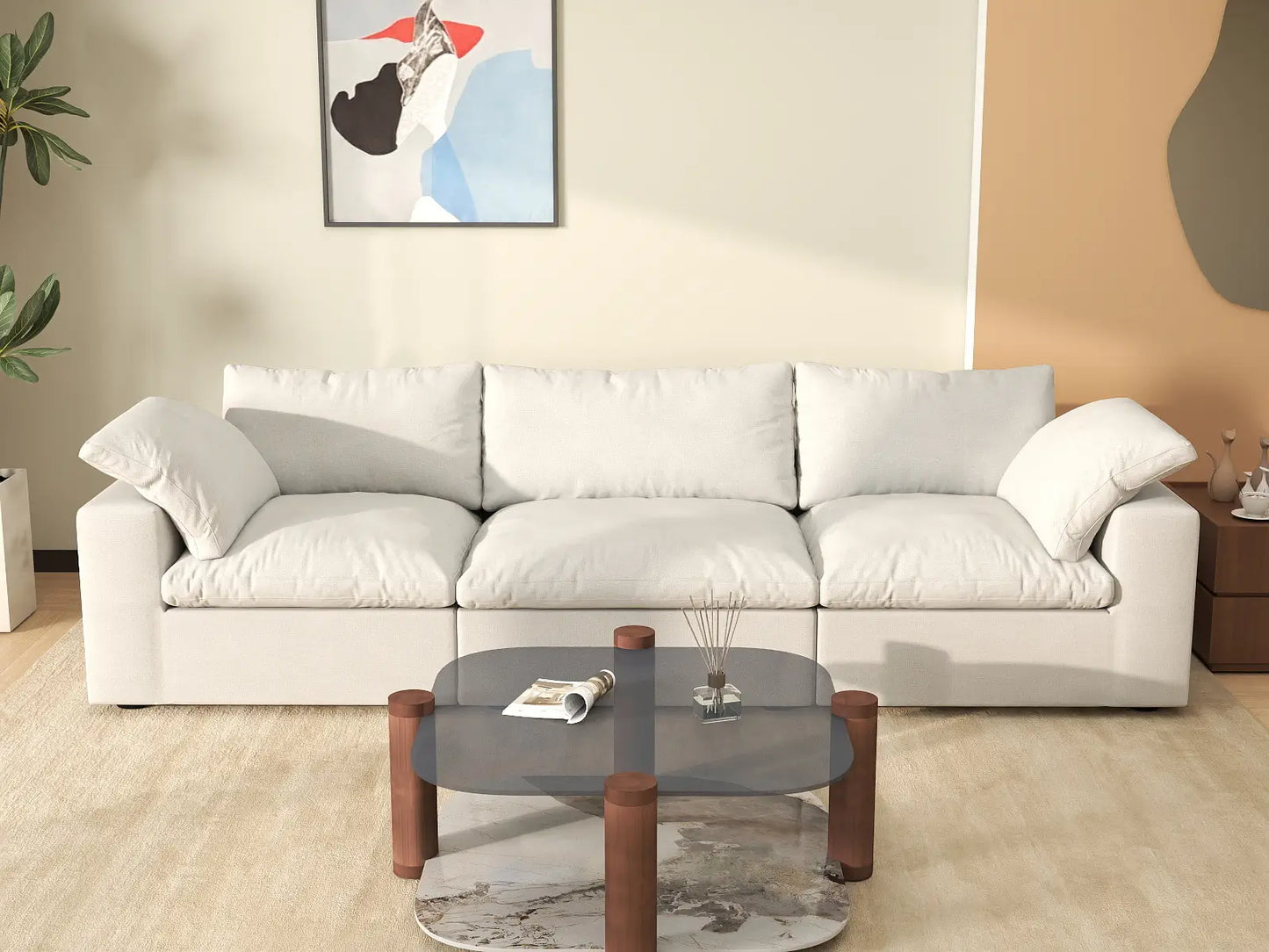 WJS Home 3 Piece Cotton and Linen White Couch Sectionals 120 Storage Ottoman 3 Seater_6