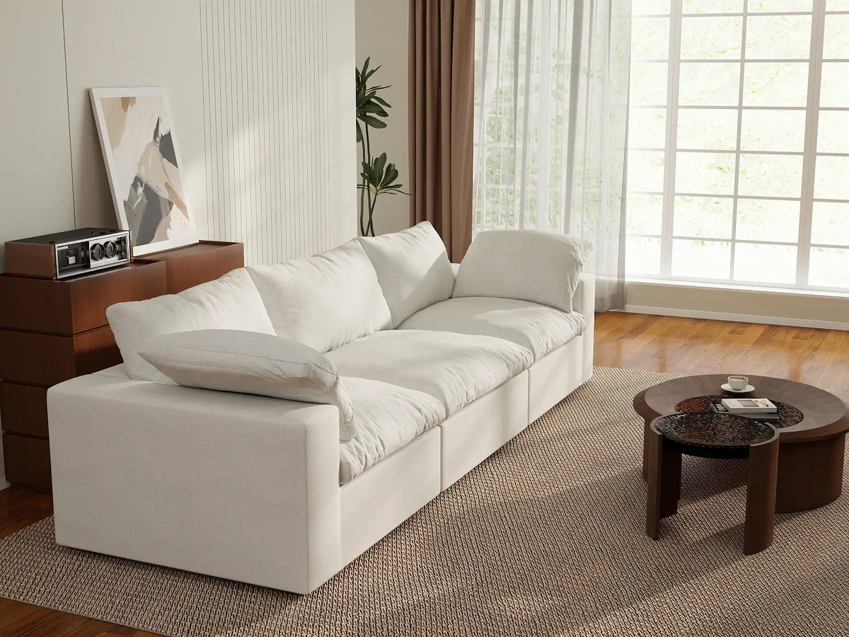 WJS Home 3 Piece Cotton and Linen White Couch Sectionals 120 Storage Ottoman 3 Seater_7