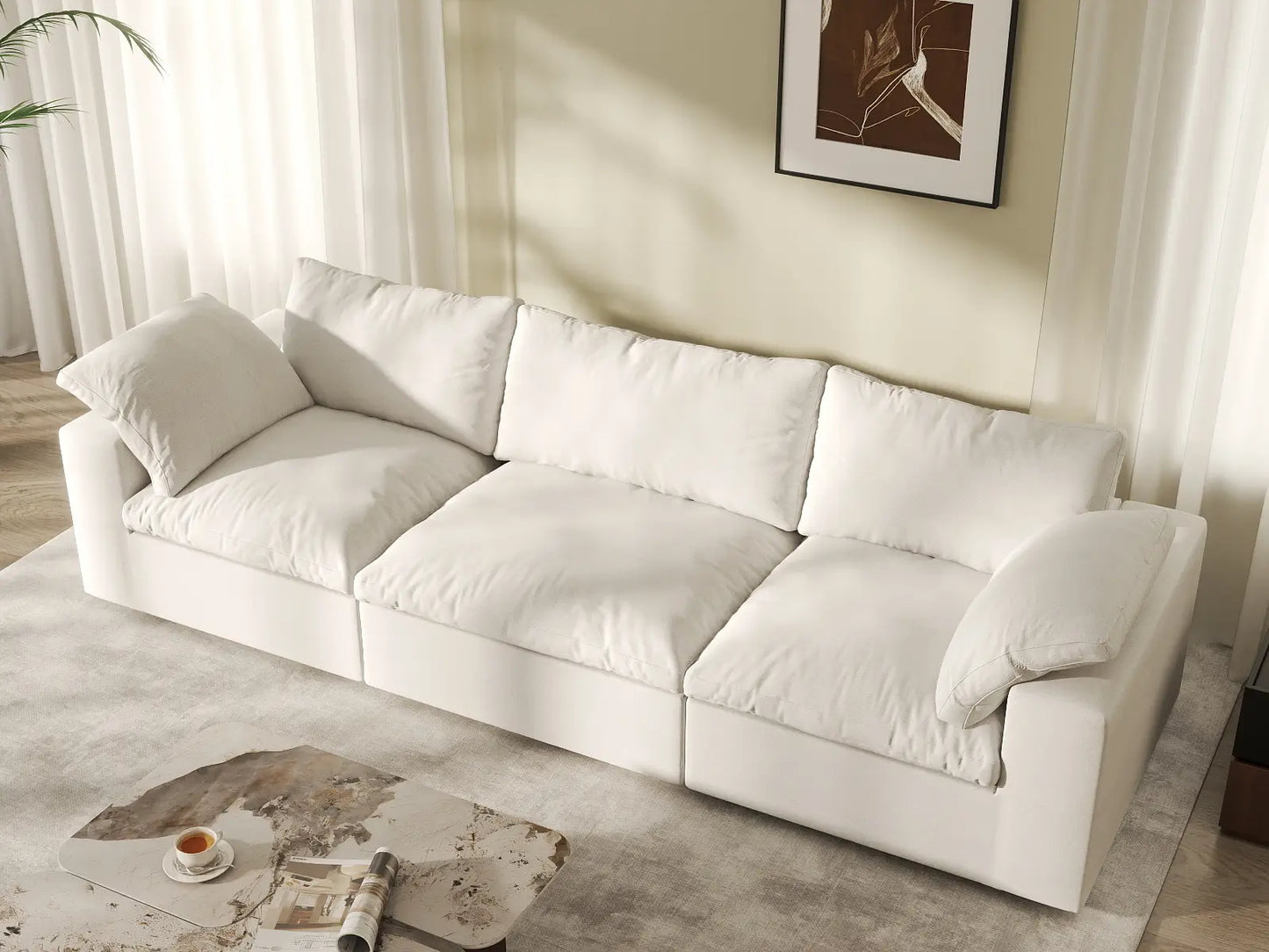 WJS Home 3 Piece Cotton and Linen White Couch Sectionals 120 Storage Ottoman 3 Seater_8