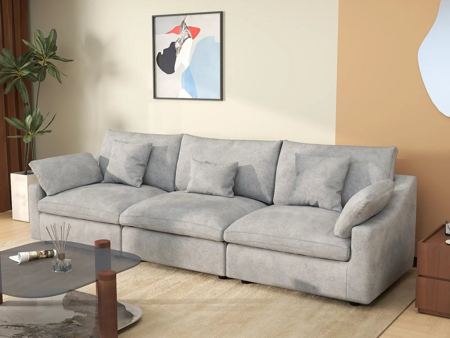 WJS Home 3 Piece Light Grey Linen Couch Sectionals 3 Seater_1