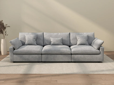 Sofá seccional lavable Deluxe Cloud de 3 plazas en gris claro | 3 piezas, tela de chenilla y lino, diseño modular