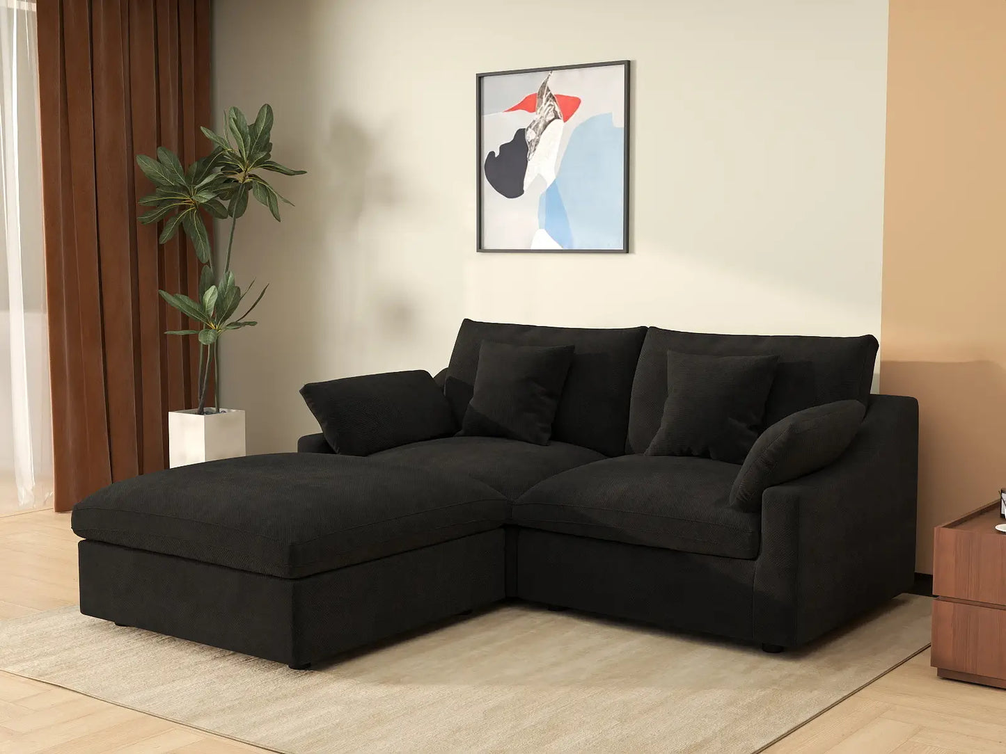WJS Home 3 Piece Linen Black Chaise Sectionals 80 Modular Design 3 Seater_1