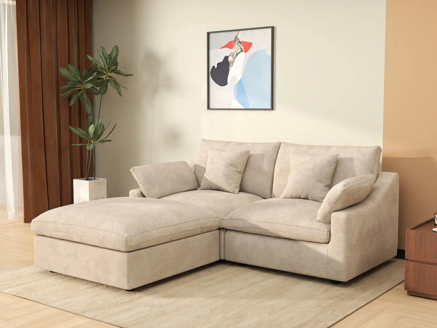 WJS Home 3 Piece Linen Khaki Chaise Sectionals 2 Seater With 1 Ottoman_1