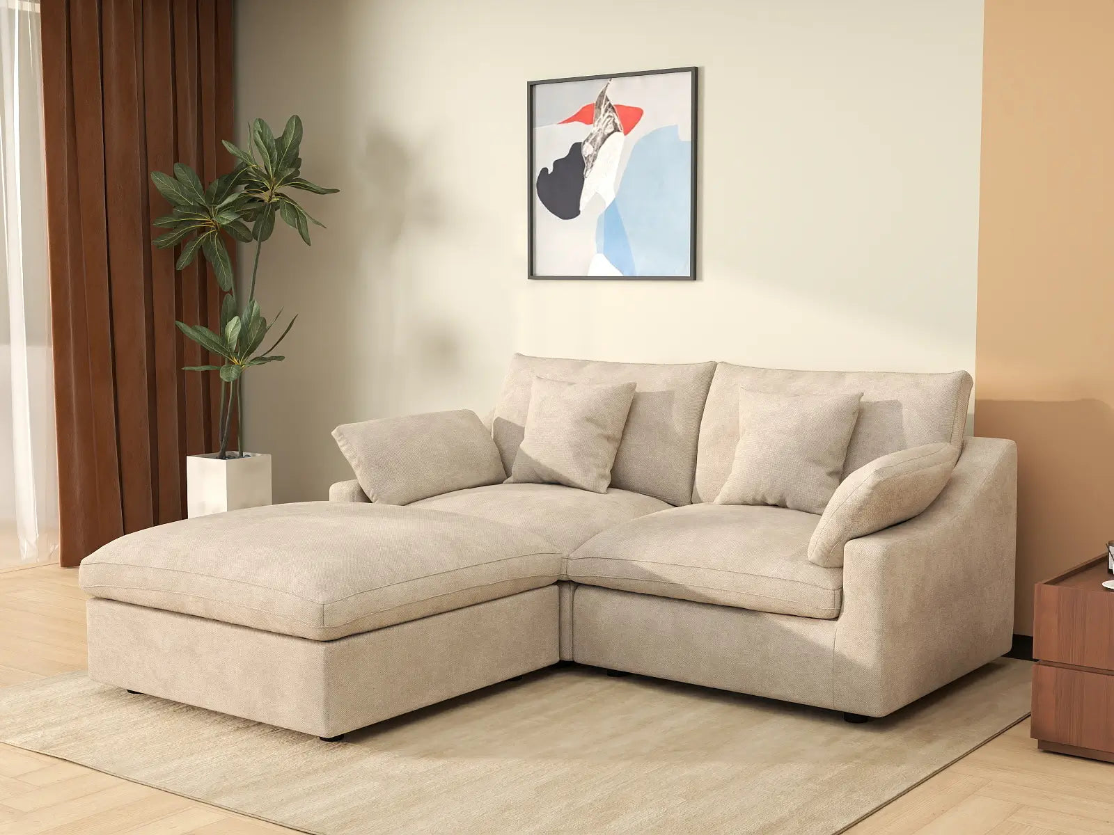 WJS Home 3 Piece Linen Khaki Chaise Sectionals 2 Seater With 1 Ottoman_1