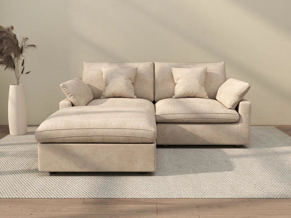 Deluxe Cloud 2-Seater Khaki Washable Chaise Sectional | 3-Piece (includes 1 Ottoman), Chenille and Linen Fabric, Modular Design
