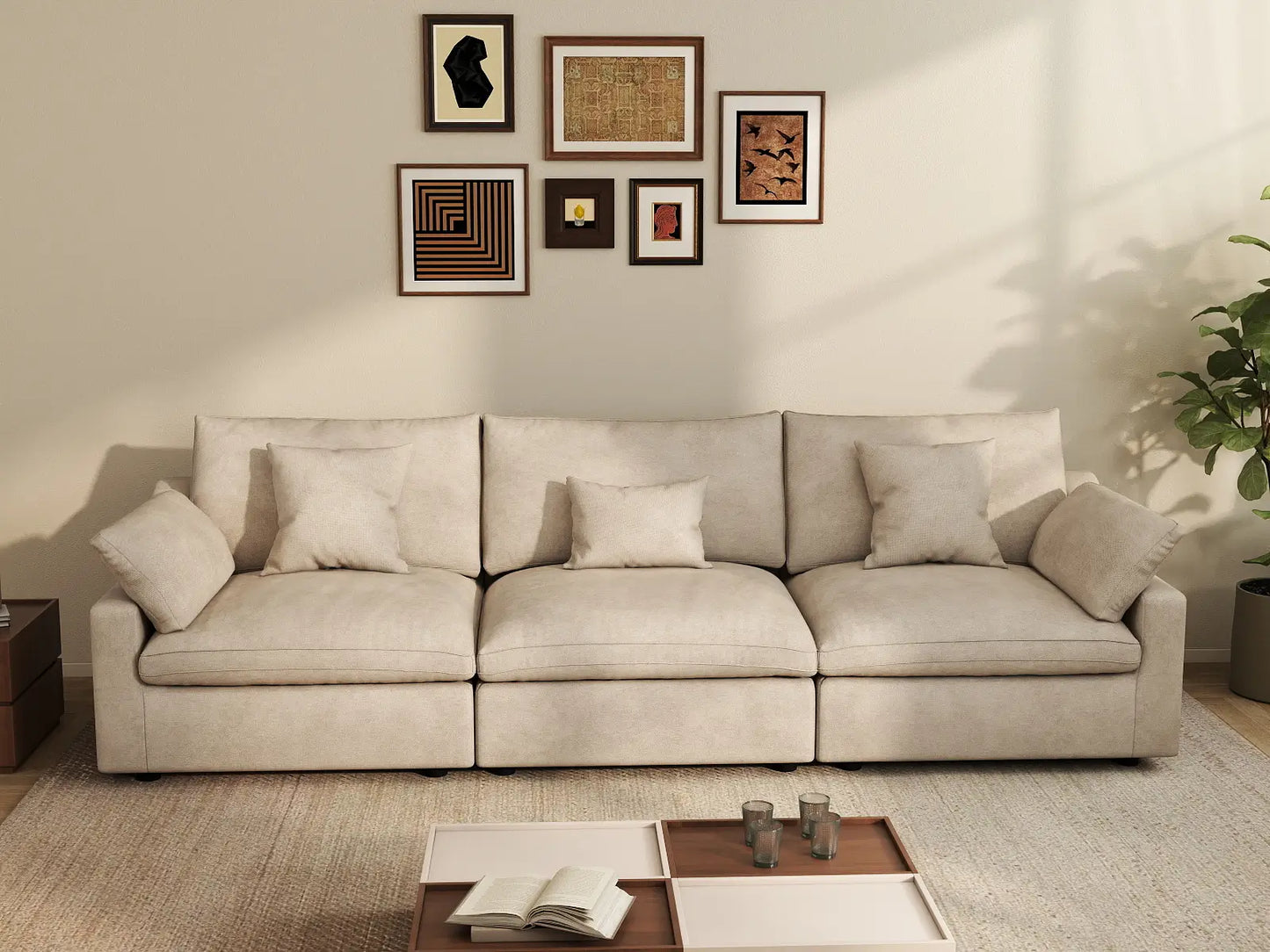 WJS Home 3 Piece Linen Khaki Couch Sectionals 3 Seater_6