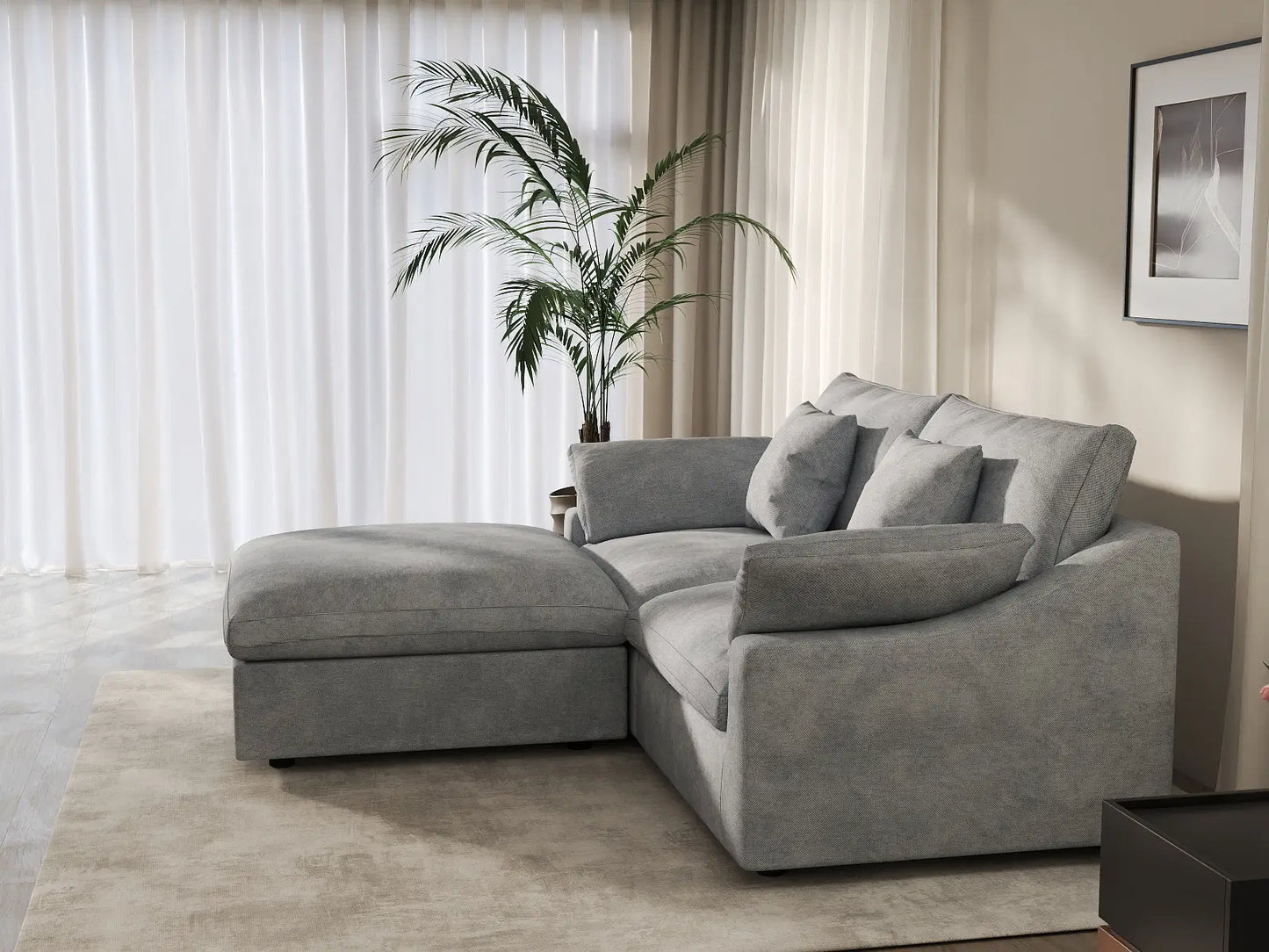 WJS Home 3 Piece Linen Light Grey Chaise Sectionals 80 Modular Design 2 Seater_7