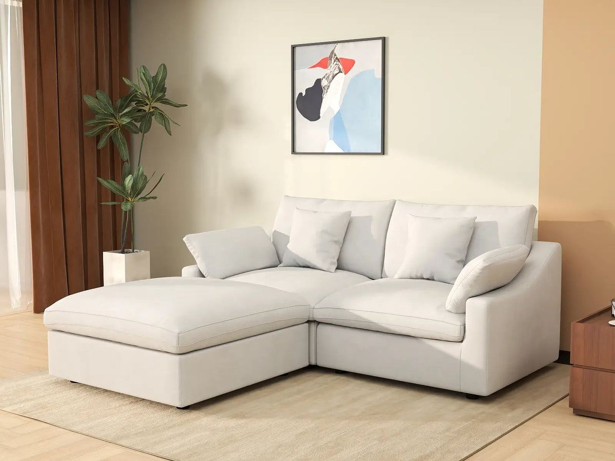 WJS Home 3 Piece Linen White Chaise Sectionals 80 Modular Design 2 Seater_1