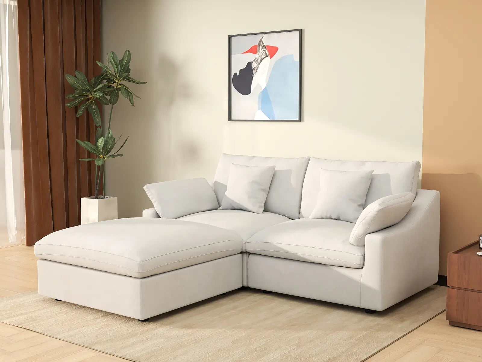WJS Home 3 Piece Linen White Chaise Sectionals 80 Modular Design 2 Seater_1