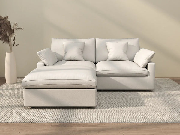 Deluxe Cloud 2-Seater White Washable Chaise Sectional | 3-Piece (includes 1 Ottoman), Chenille and Linen Fabric, Modular Design