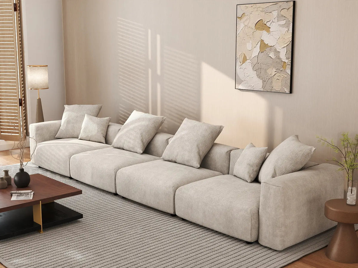 WJS Home 4 Piece Beige Corduroy Couch Sectionals 4 Seater_1