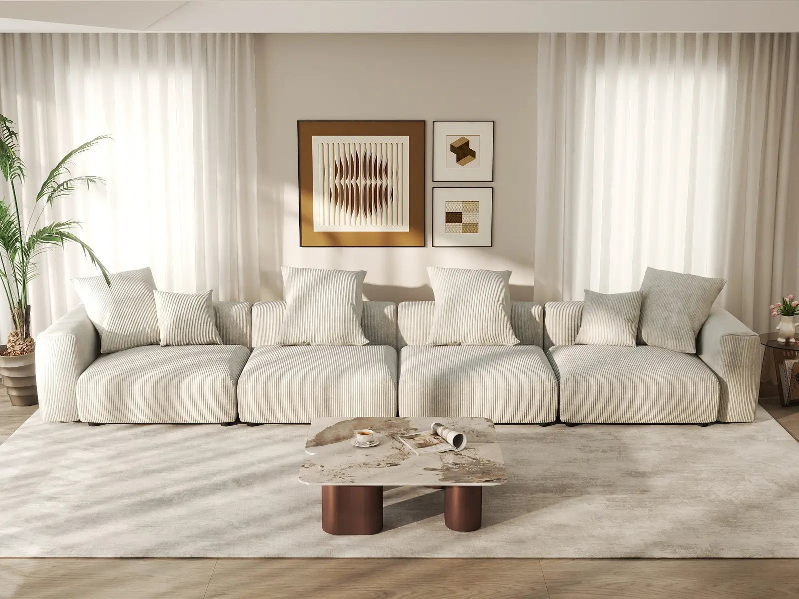 WJS Home 4 Piece Beige Corduroy Couch Sectionals 4 Seater_6