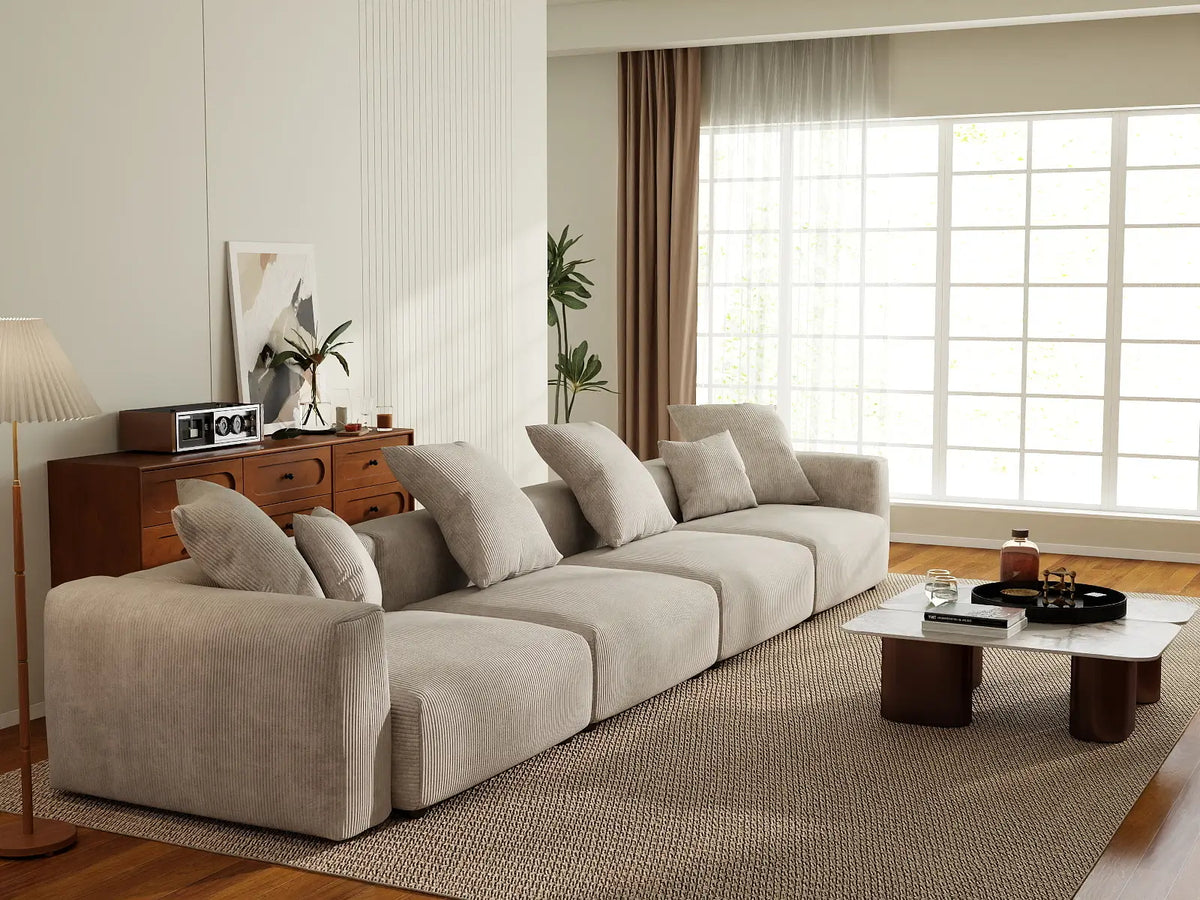 WJS Home 4 Piece Beige Corduroy Couch Sectionals 4 Seater_7