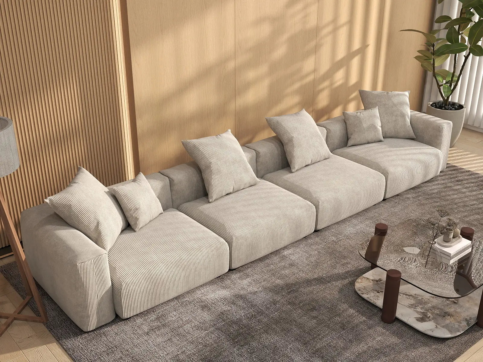 WJS Home 4 Piece Beige Corduroy Couch Sectionals 4 Seater_8
