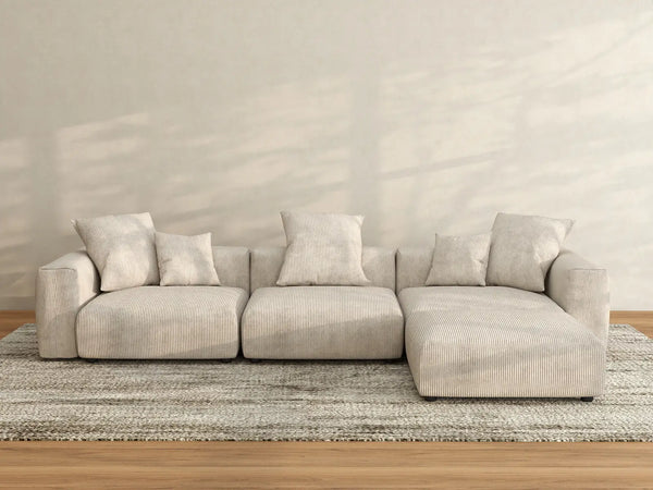 Sofás modulares modernos Matrix | Seccionales en forma de L de 4 piezas de pana beige de 3 plazas