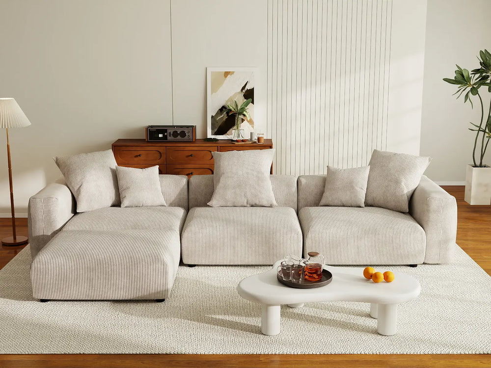 WJS Home 4 Piece Beige Corduroy L Shaped Sectionals 3 Seater_6