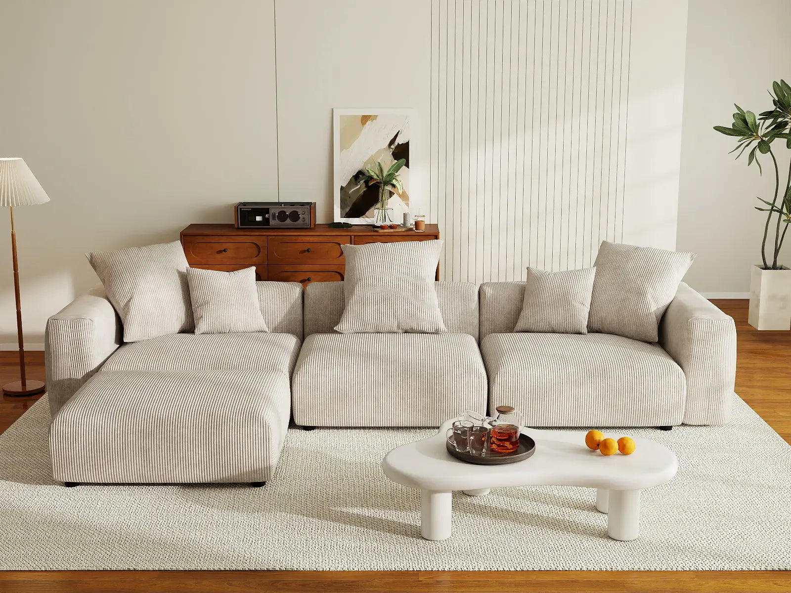 WJS Home 4 Piece Beige Corduroy L Shaped Sectionals 3 Seater_6