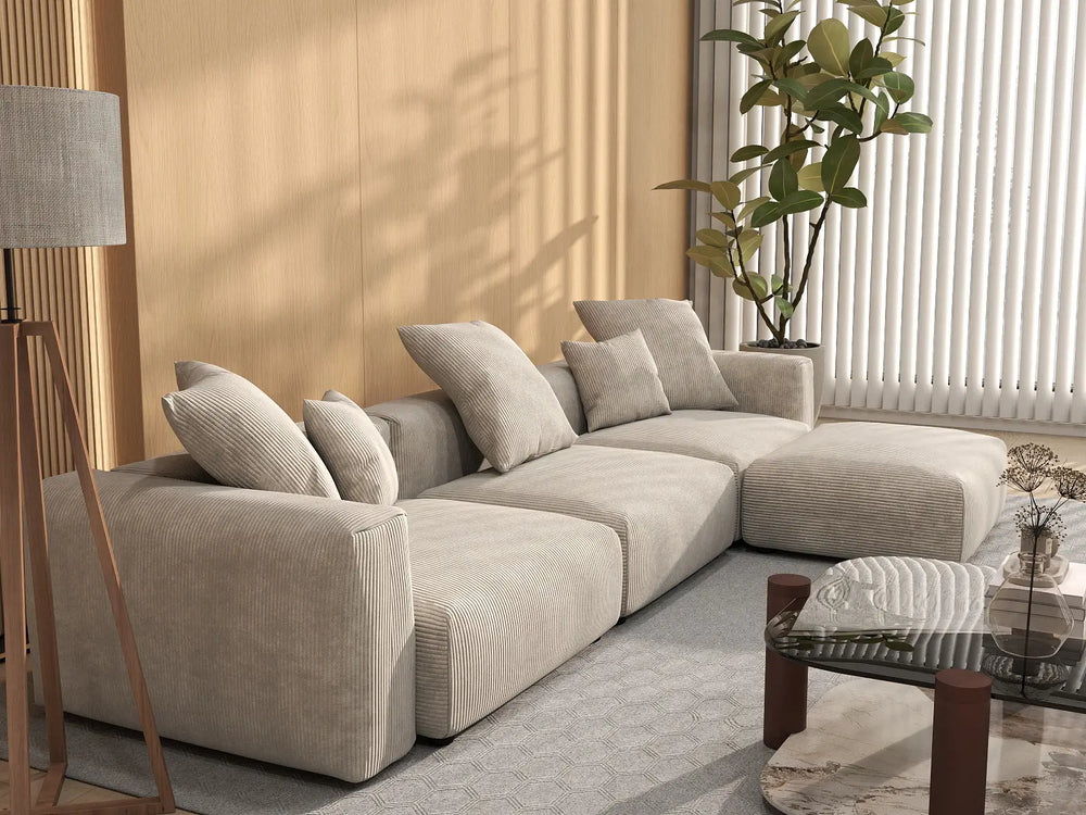 WJS Home 4 Piece Beige Corduroy L Shaped Sectionals 3 Seater_7
