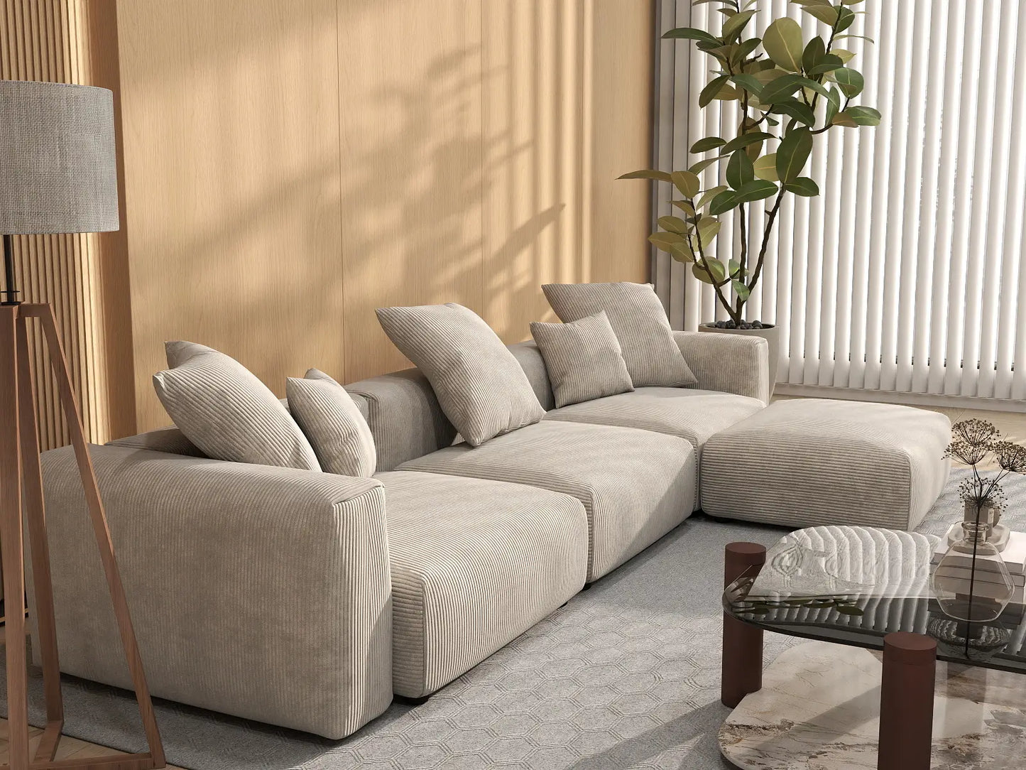 WJS Home 4 Piece Beige Corduroy L Shaped Sectionals 3 Seater_7