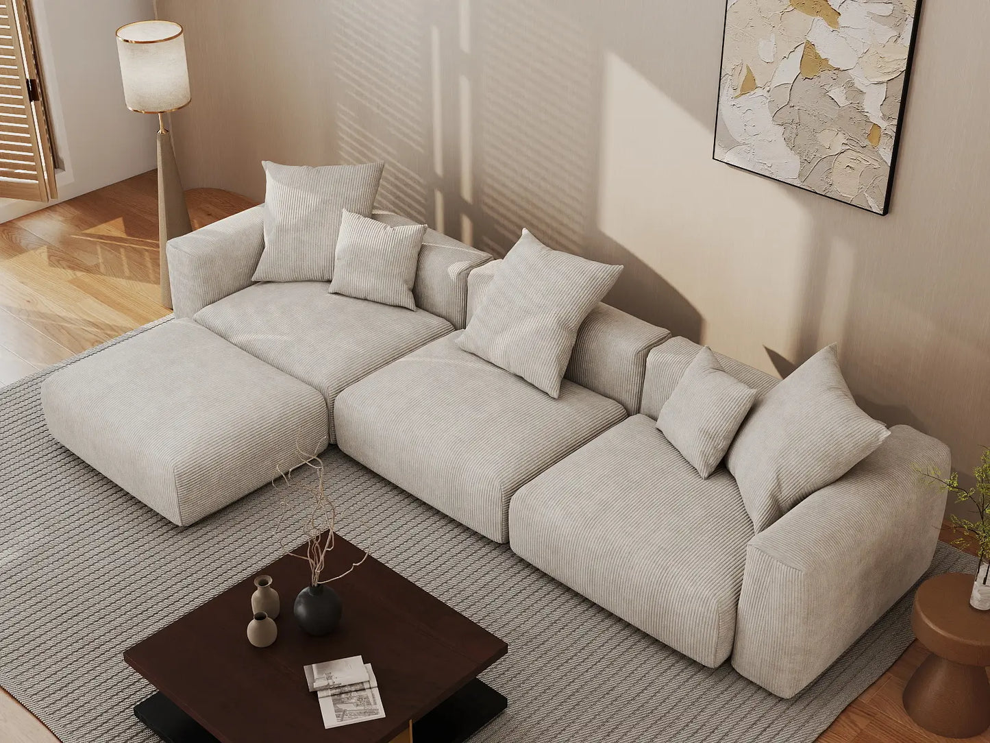 WJS Home 4 Piece Beige Corduroy L Shaped Sectionals 3 Seater_8