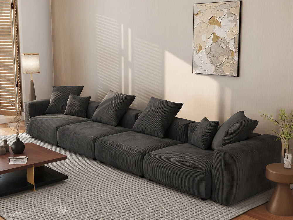 WJS Home 4 Piece Black Corduroy Couch Sectionals 4 Seater_1