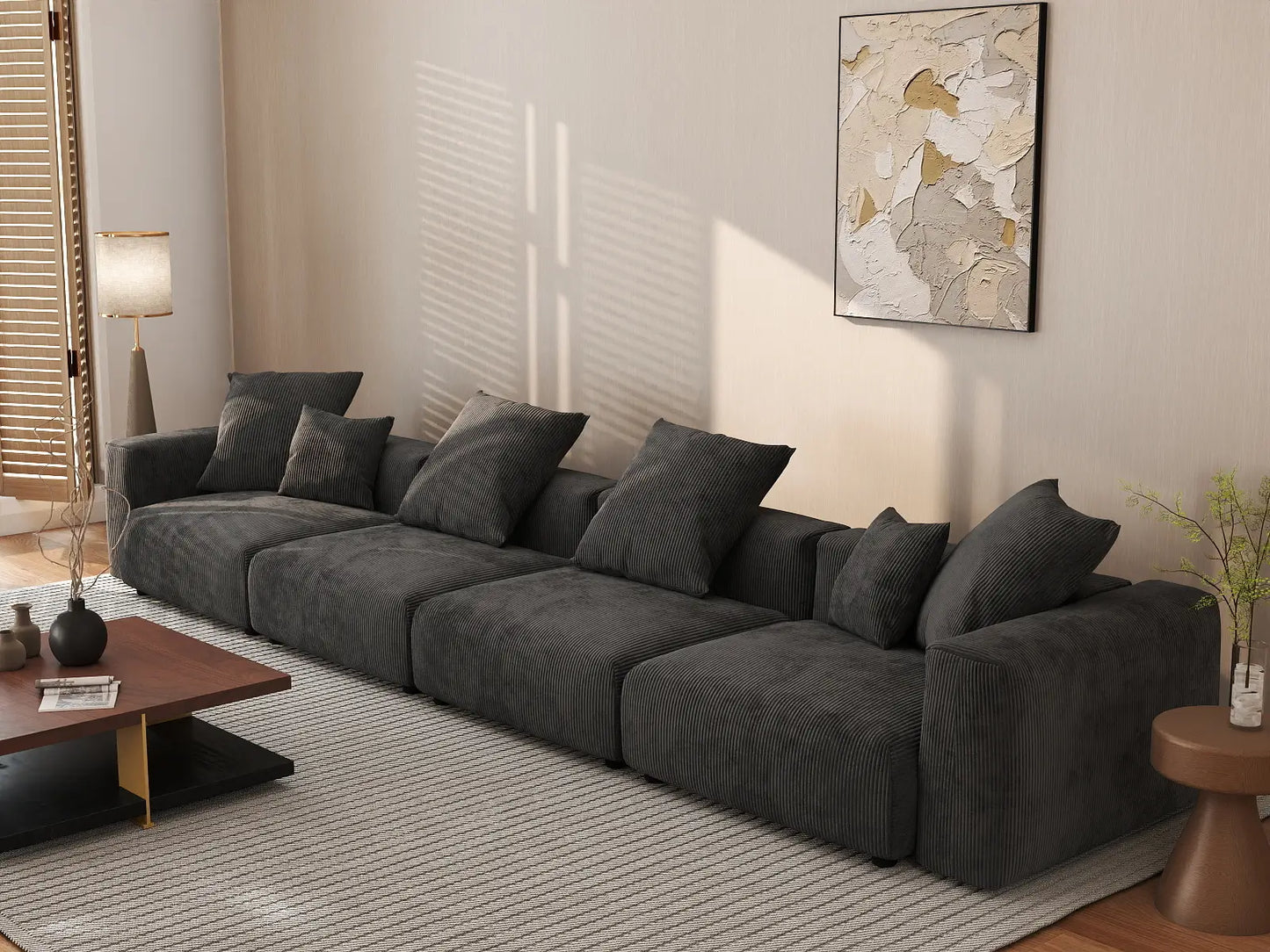 WJS Home 4 Piece Black Corduroy Couch Sectionals 4 Seater_1