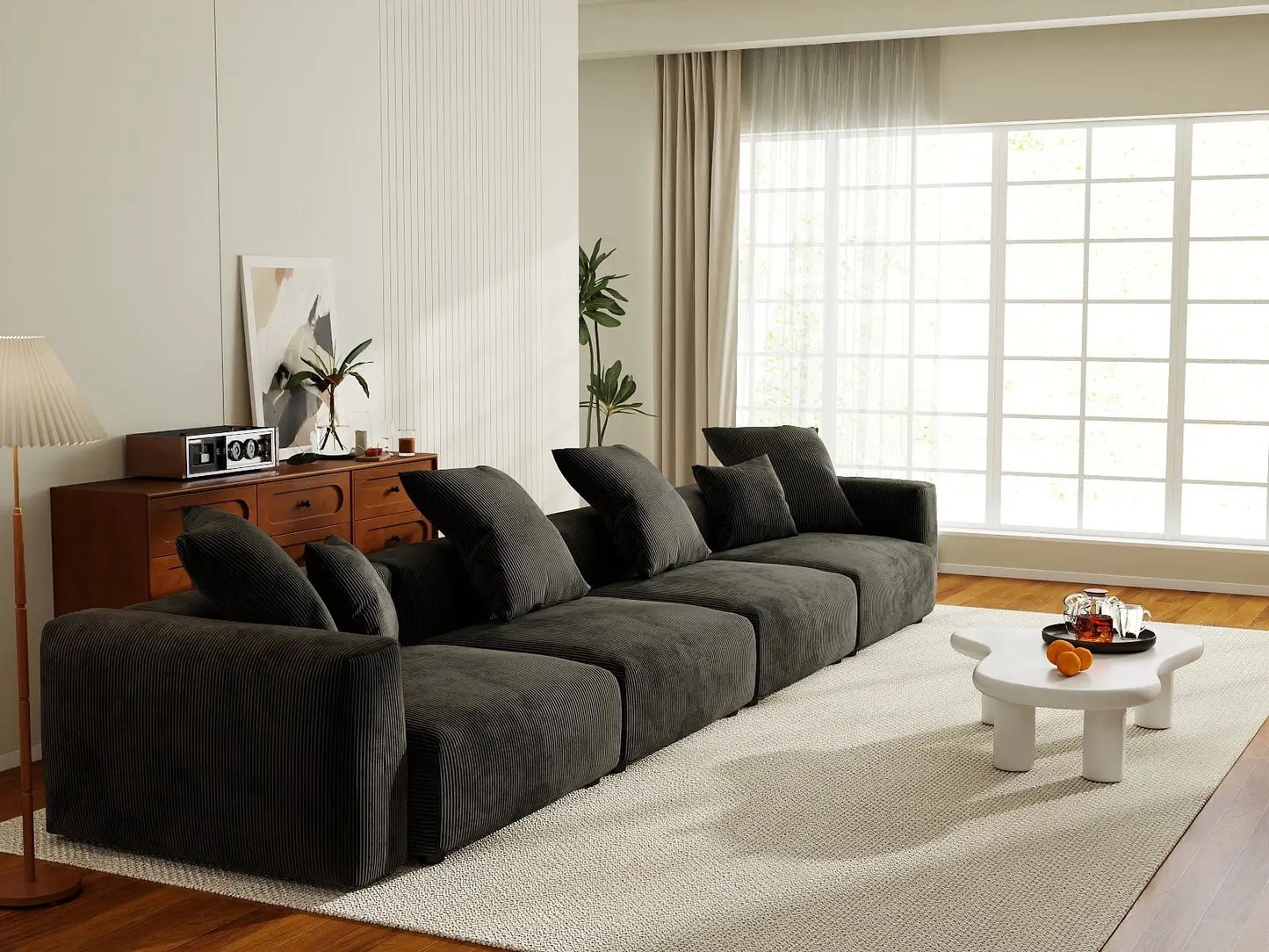 WJS Home 4 Piece Black Corduroy Couch Sectionals 4 Seater_7