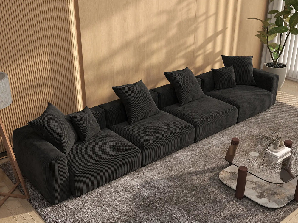 WJS Home 4 Piece Black Corduroy Couch Sectionals 4 Seater_8