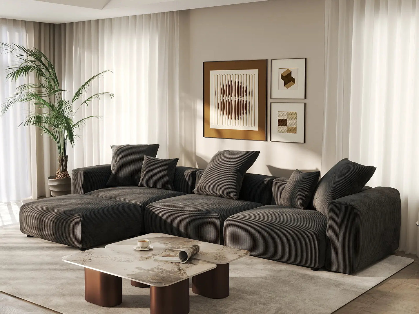 WJS Home 4 Piece Black Corduroy L Shaped Sectionals 3 Seater_1