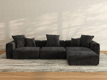 Sofá modular en forma de L Matrix de 3 plazas, color negro, lavable | 4 piezas (incluye 1 otomana), tejido de pana, diseño modular