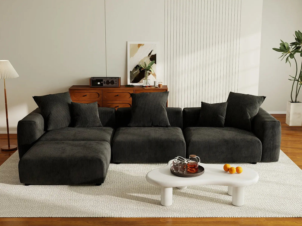 WJS Home 4 Piece Black Corduroy L Shaped Sectionals 3 Seater_6
